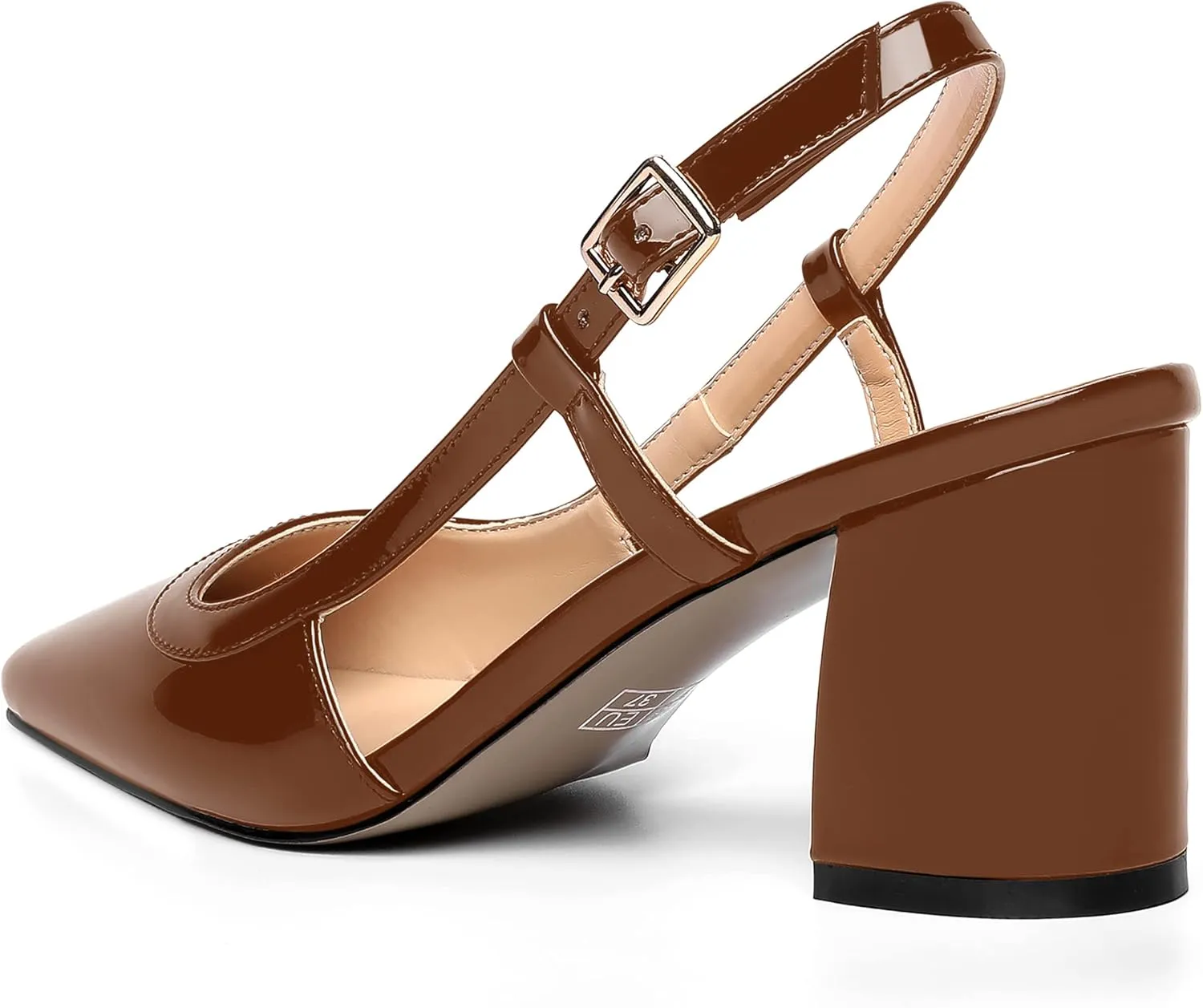 AMBELIGHT Womens Wedding Solid Slingback Square Toe Patent Dress Buckle Chunky Mid Heel Pumps Shoes 2.5 Inch