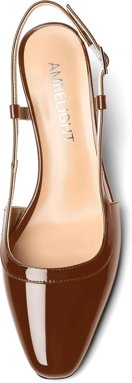 AMBELIGHT Womens Wedding Solid Slingback Square Toe Patent Dress Buckle Chunky Mid Heel Pumps Shoes 2.5 Inch
