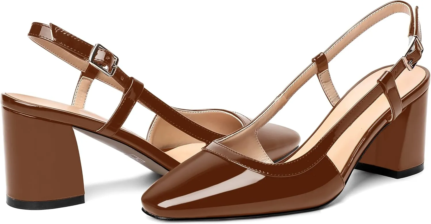 AMBELIGHT Womens Wedding Solid Slingback Square Toe Patent Dress Buckle Chunky Mid Heel Pumps Shoes 2.5 Inch