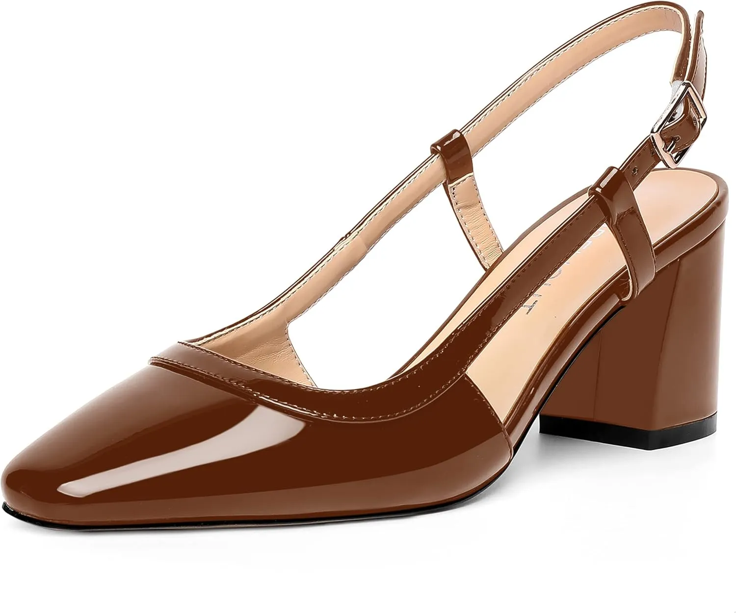 AMBELIGHT Womens Wedding Solid Slingback Square Toe Patent Dress Buckle Chunky Mid Heel Pumps Shoes 2.5 Inch