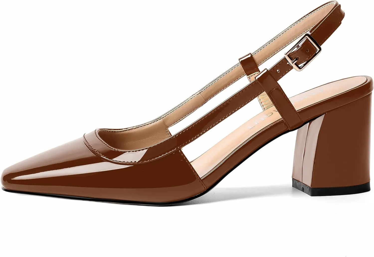 AMBELIGHT Womens Wedding Solid Slingback Square Toe Patent Dress Buckle Chunky Mid Heel Pumps Shoes 2.5 Inch