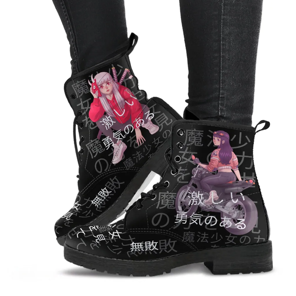 Anime Boots #7 - Black Combat Boots | Anime Custom Shoes, Vegan Leather Lace Up Boots, Handmade Boots, Women's Boots, Anime Shoes