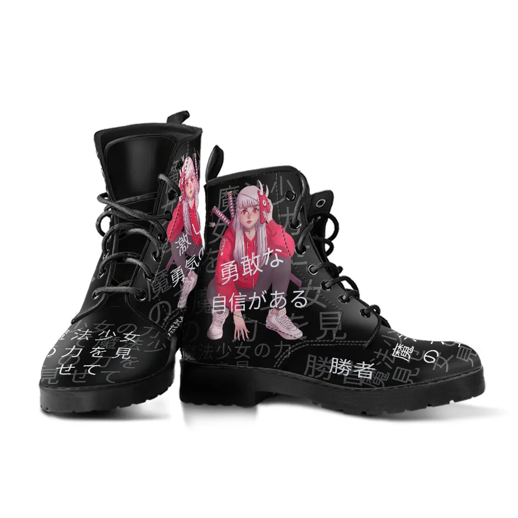 Anime Boots #7 - Black Combat Boots | Anime Custom Shoes, Vegan Leather Lace Up Boots, Handmade Boots, Women's Boots, Anime Shoes