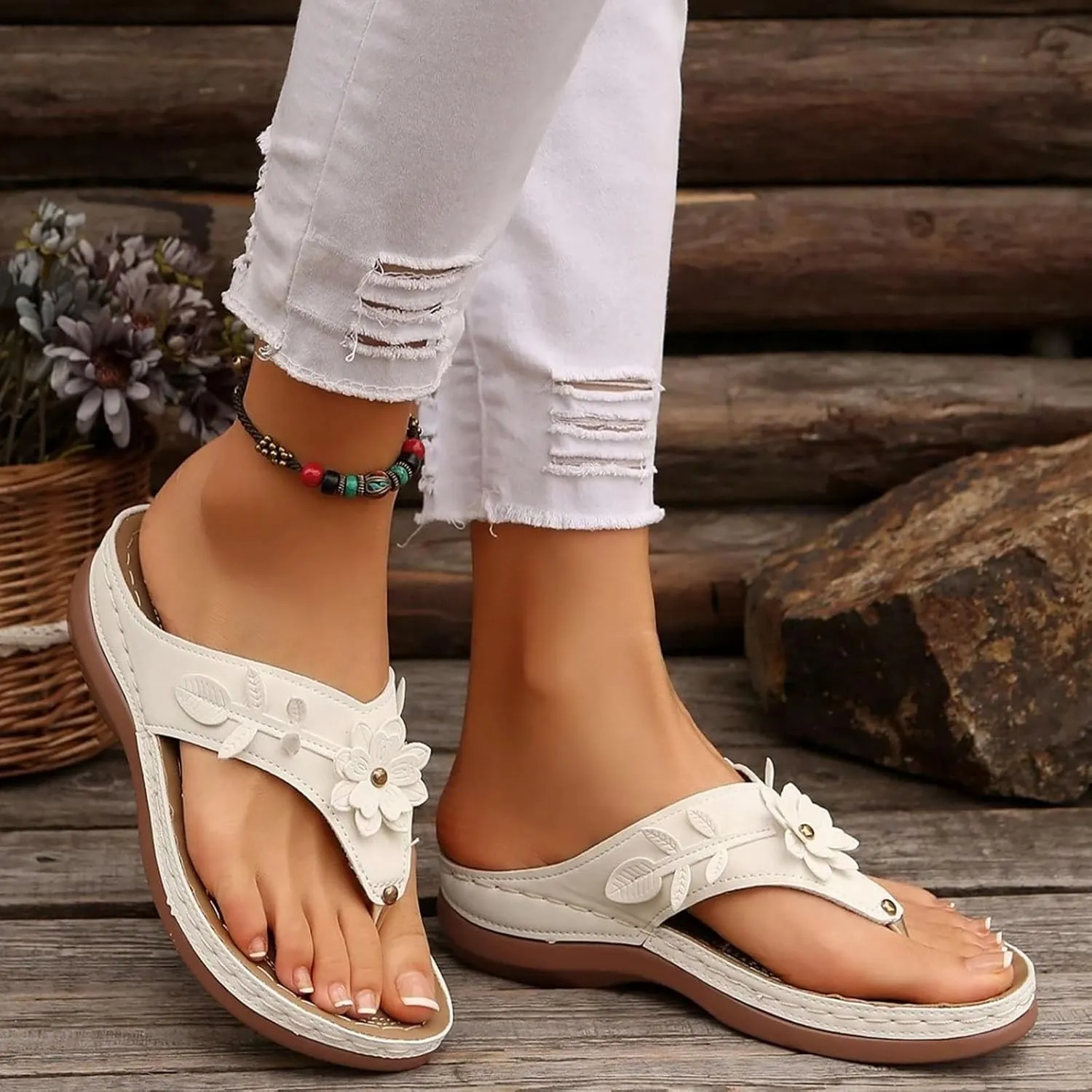 Avylays Orthopedic Sandals for Women Womens Comfort Leather Slides 3D Hollow Flower Wedge Sandals Slip On Casual Walking Slippers with Arch Support Flip Flops Cushion Dressy Summer Beach Thong