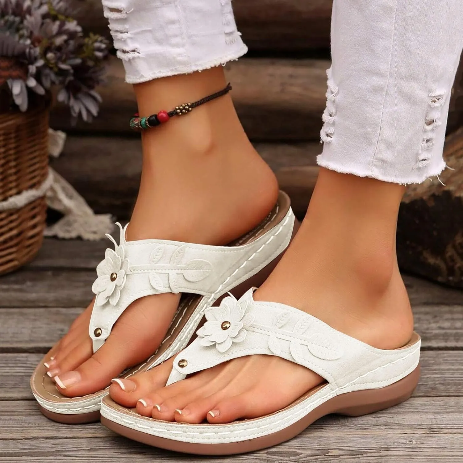 Avylays Orthopedic Sandals for Women Womens Comfort Leather Slides 3D Hollow Flower Wedge Sandals Slip On Casual Walking Slippers with Arch Support Flip Flops Cushion Dressy Summer Beach Thong