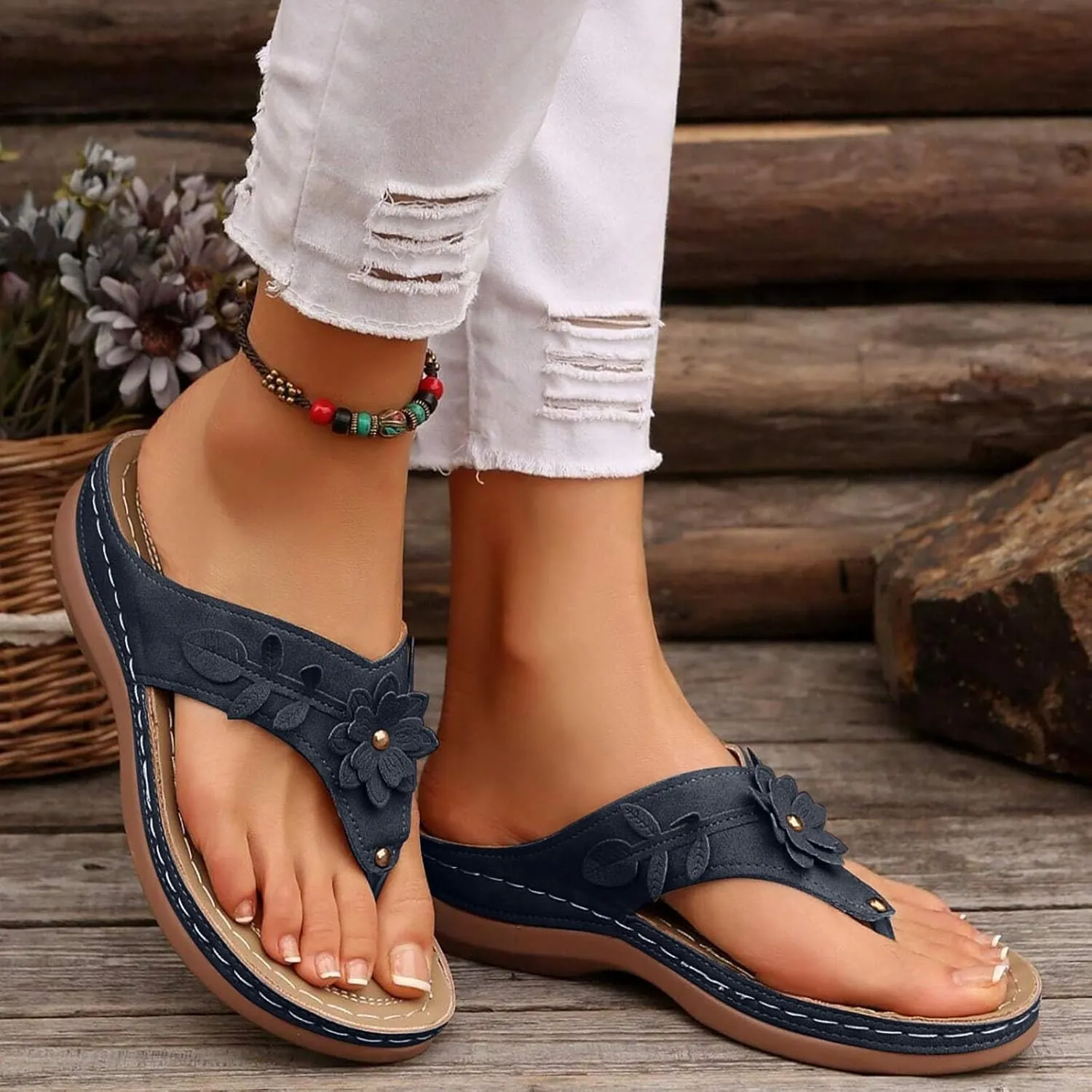 Avylays Orthopedic Sandals for Women Womens Comfort Leather Slides 3D Hollow Flower Wedge Sandals Slip On Casual Walking Slippers with Arch Support Flip Flops Cushion Dressy Summer Beach Thong