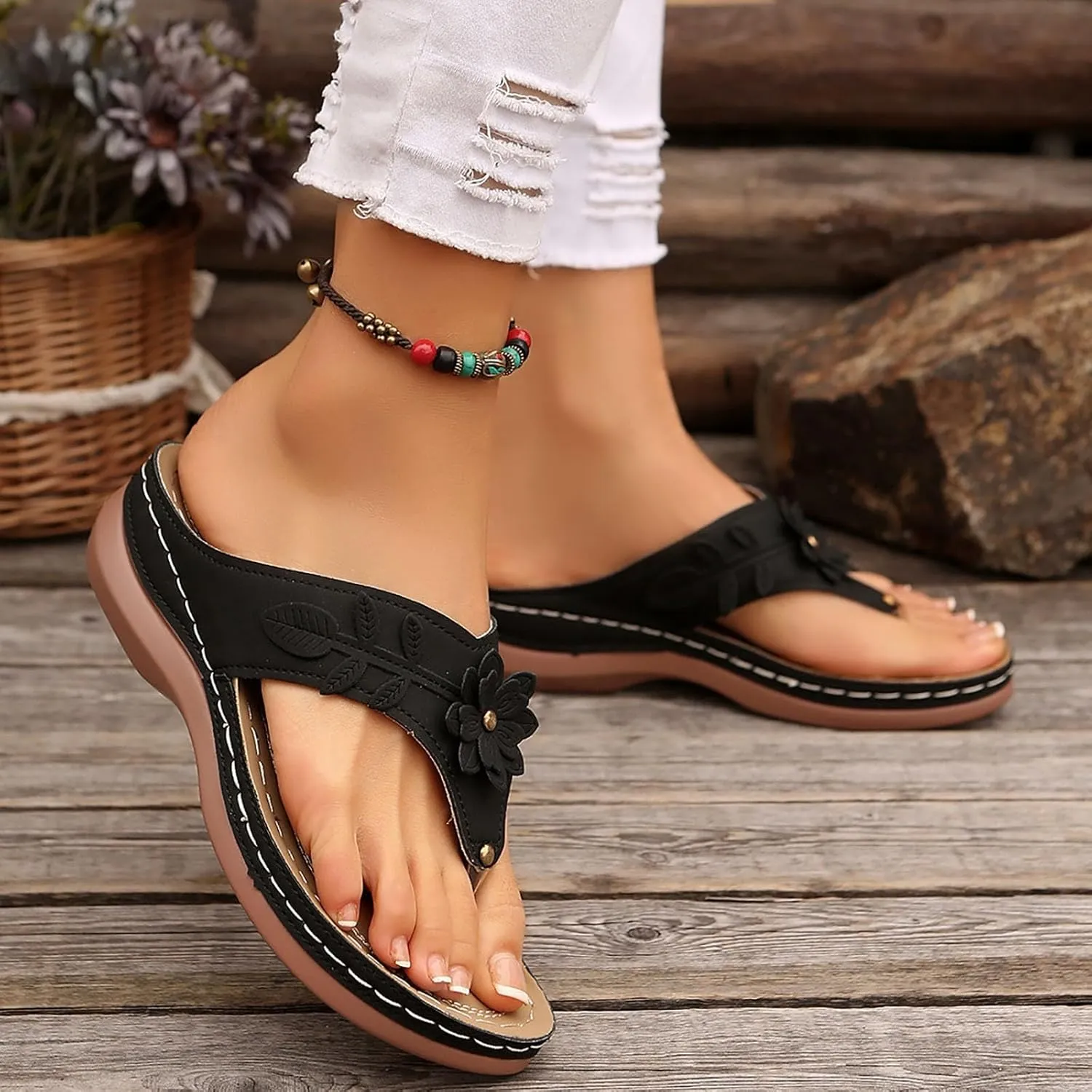 Avylays Orthopedic Sandals for Women Womens Comfort Leather Slides 3D Hollow Flower Wedge Sandals Slip On Casual Walking Slippers with Arch Support Flip Flops Cushion Dressy Summer Beach Thong