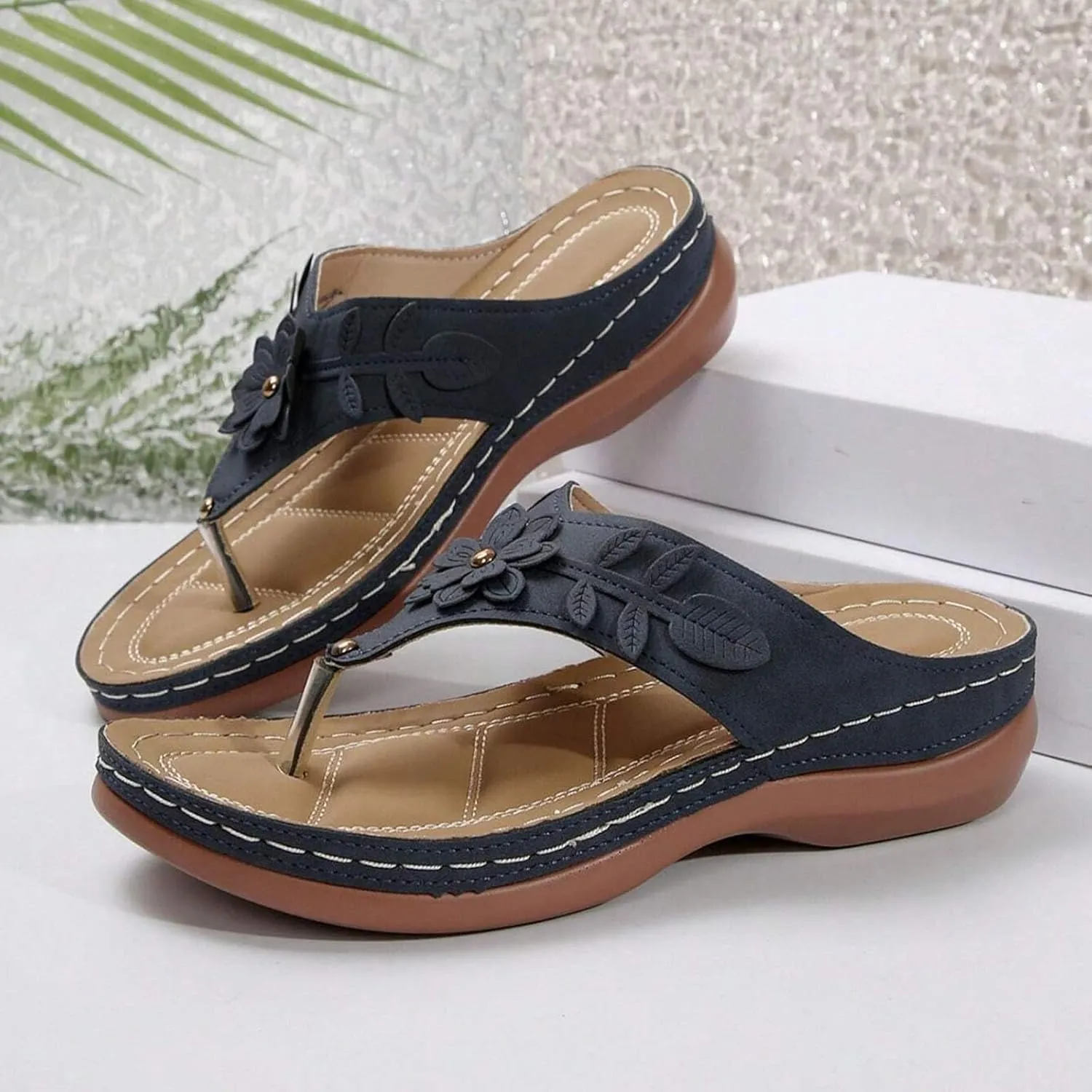 Avylays Orthopedic Sandals for Women Womens Comfort Leather Slides 3D Hollow Flower Wedge Sandals Slip On Casual Walking Slippers with Arch Support Flip Flops Cushion Dressy Summer Beach Thong