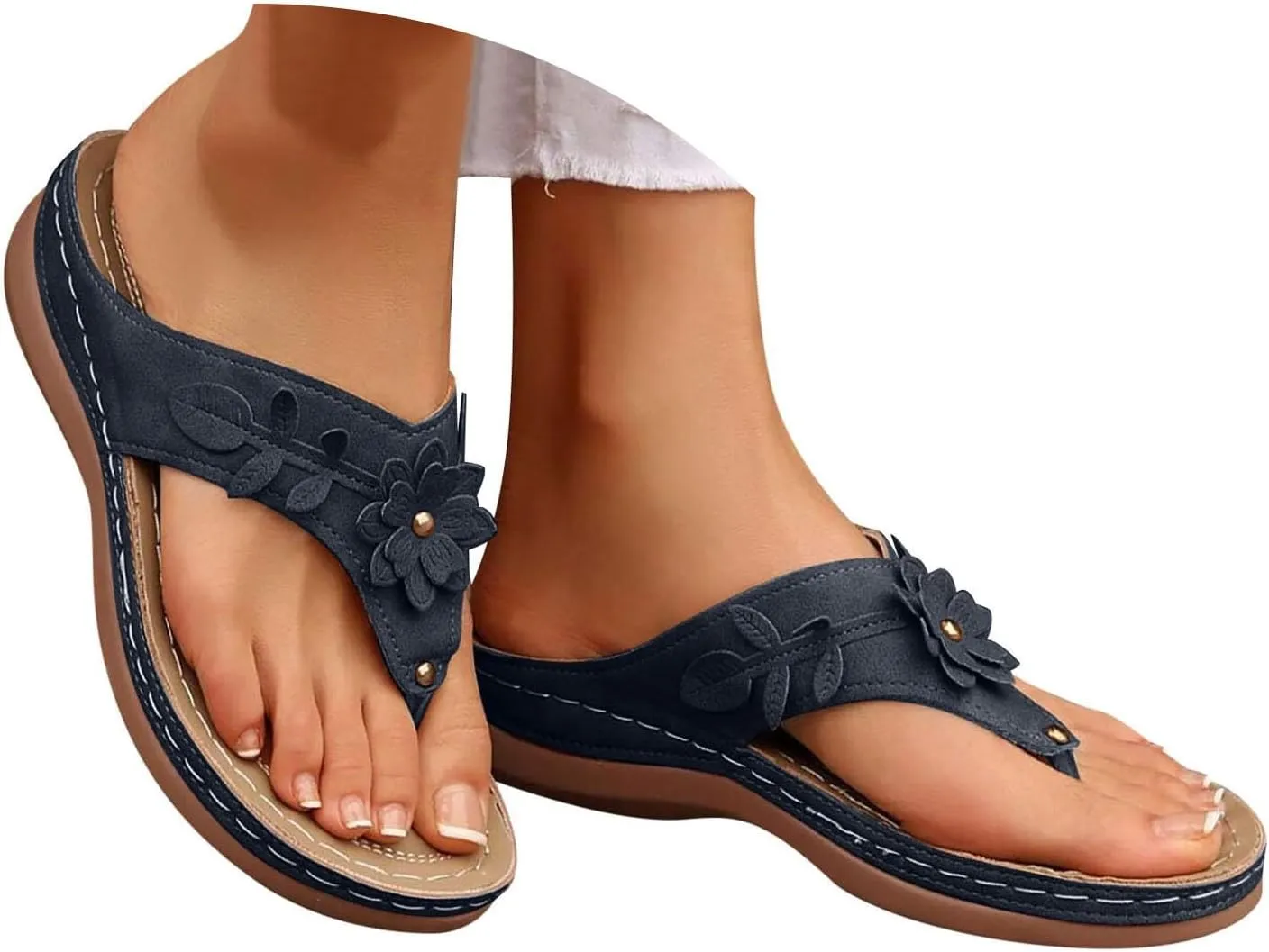 Avylays Orthopedic Sandals for Women Womens Comfort Leather Slides 3D Hollow Flower Wedge Sandals Slip On Casual Walking Slippers with Arch Support Flip Flops Cushion Dressy Summer Beach Thong
