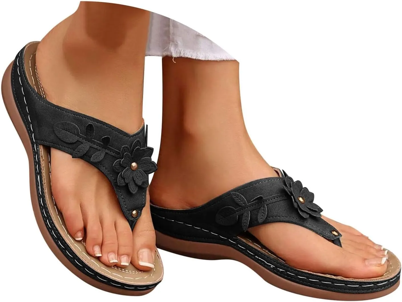 Avylays Orthopedic Sandals for Women Womens Comfort Leather Slides 3D Hollow Flower Wedge Sandals Slip On Casual Walking Slippers with Arch Support Flip Flops Cushion Dressy Summer Beach Thong