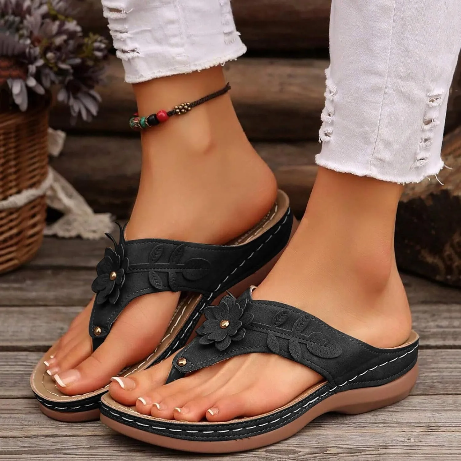 Avylays Orthopedic Sandals for Women Womens Comfort Leather Slides 3D Hollow Flower Wedge Sandals Slip On Casual Walking Slippers with Arch Support Flip Flops Cushion Dressy Summer Beach Thong