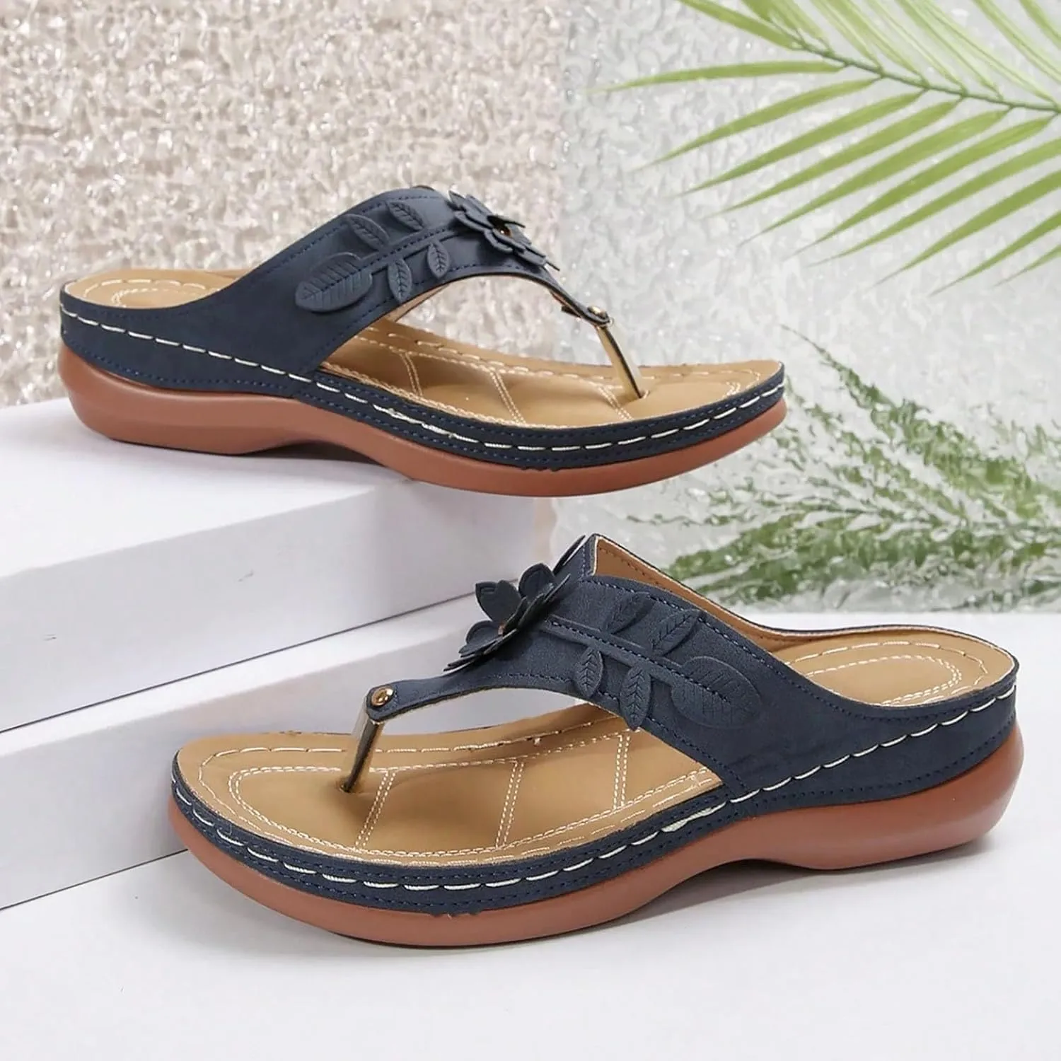 Avylays Orthopedic Sandals for Women Womens Comfort Leather Slides 3D Hollow Flower Wedge Sandals Slip On Casual Walking Slippers with Arch Support Flip Flops Cushion Dressy Summer Beach Thong