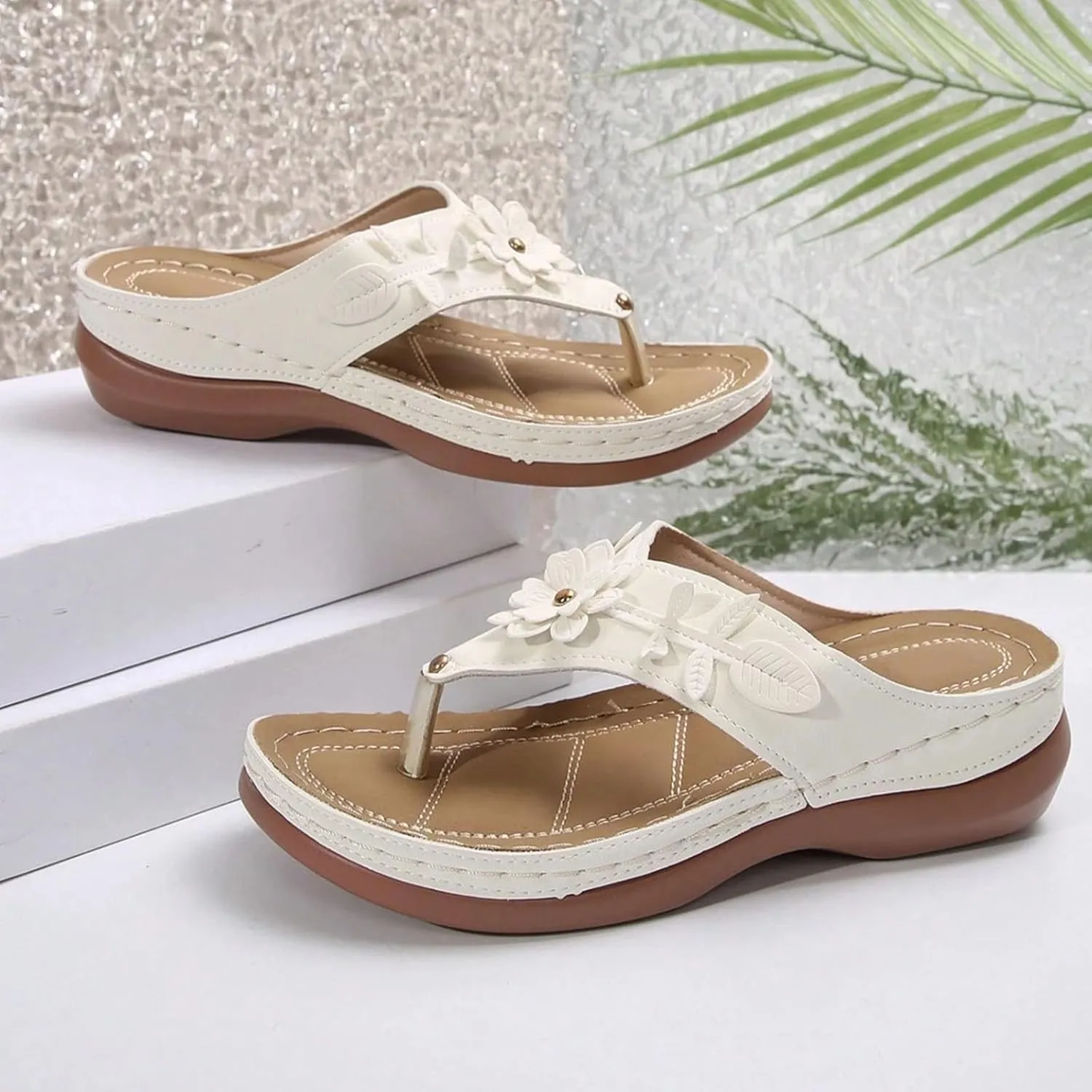 Avylays Orthopedic Sandals for Women Womens Comfort Leather Slides 3D Hollow Flower Wedge Sandals Slip On Casual Walking Slippers with Arch Support Flip Flops Cushion Dressy Summer Beach Thong