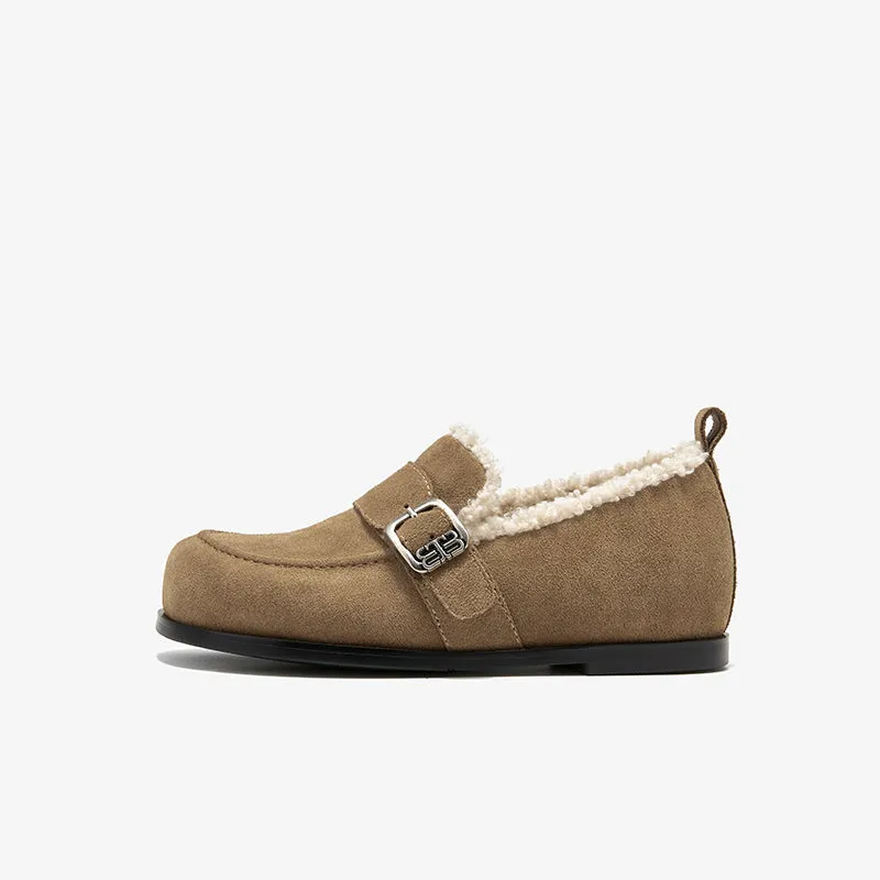 BeauToday Plush Lined Flat Shoes Round Toe Slip-on Casual Flat Shoes for Women Buckle Strap Fuzzy Flats