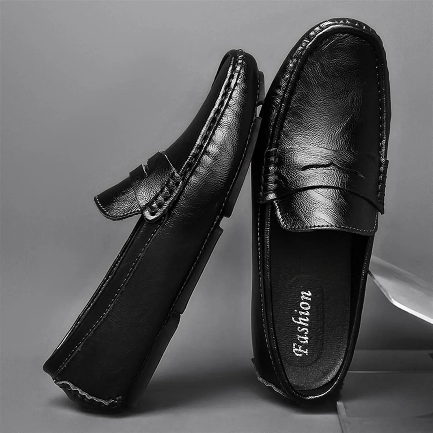Easy to Put and Remove. Driving Moccasins Loafer Shoes for Men Penny Loafer Genuine Leather Stitching Details Round Toe Flat Heel Flexible Anti-Slip Resistant Casual Slip on for All Occasions