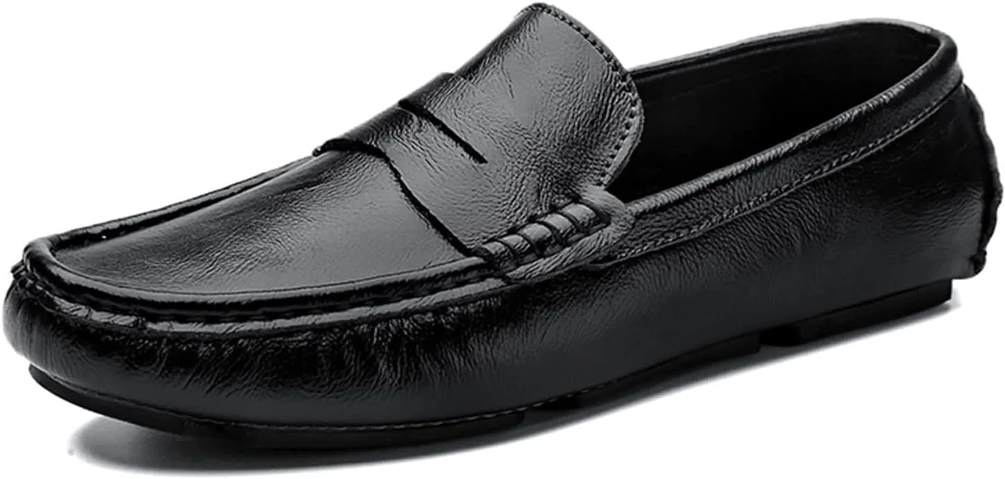 Easy to Put and Remove. Driving Moccasins Loafer Shoes for Men Penny Loafer Genuine Leather Stitching Details Round Toe Flat Heel Flexible Anti-Slip Resistant Casual Slip on for All Occasions