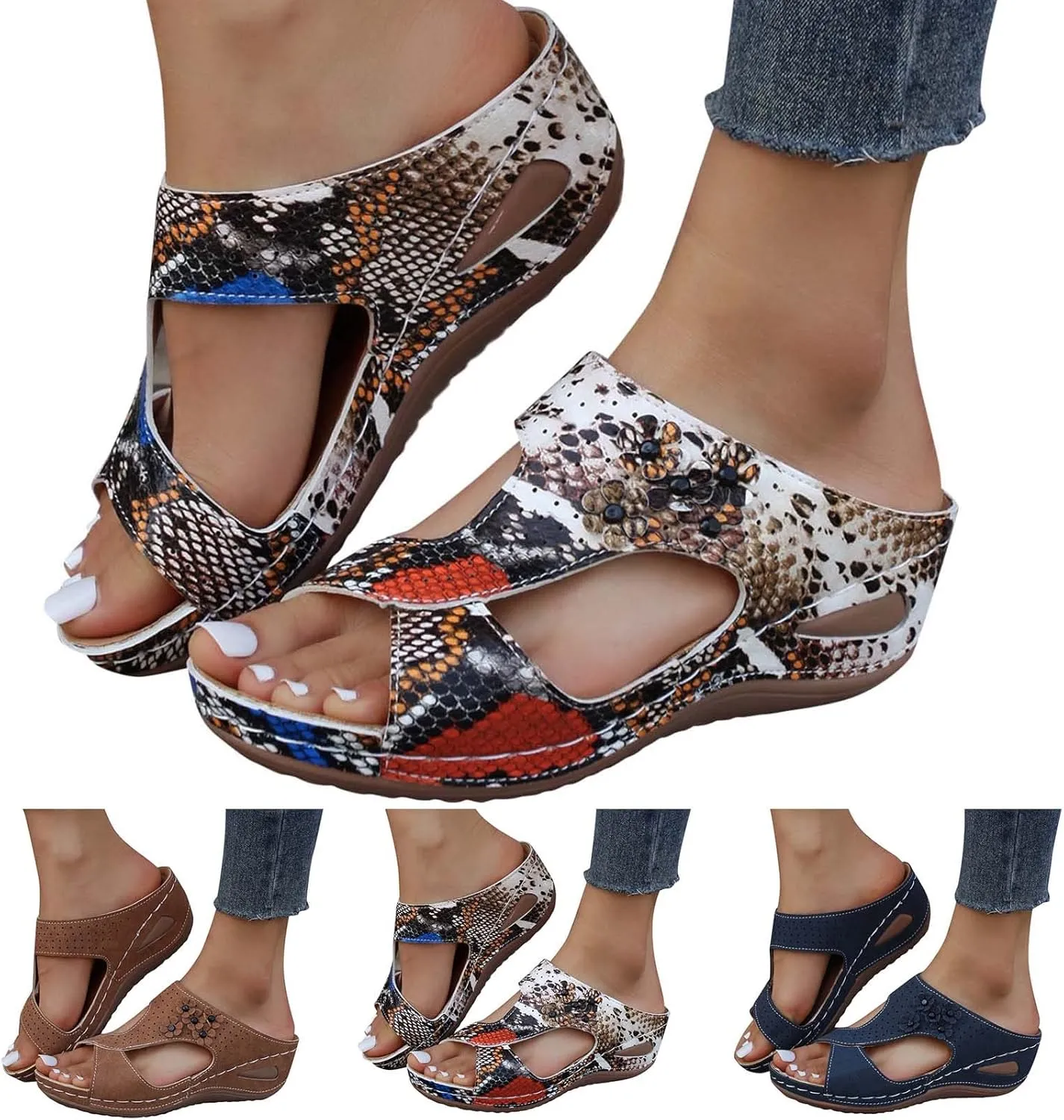 Eduavar Orthopedic Sandals for Women, Womens Sandals Casual Summer Low Wedge Sandals Breathable Open Toe Walking Sandals