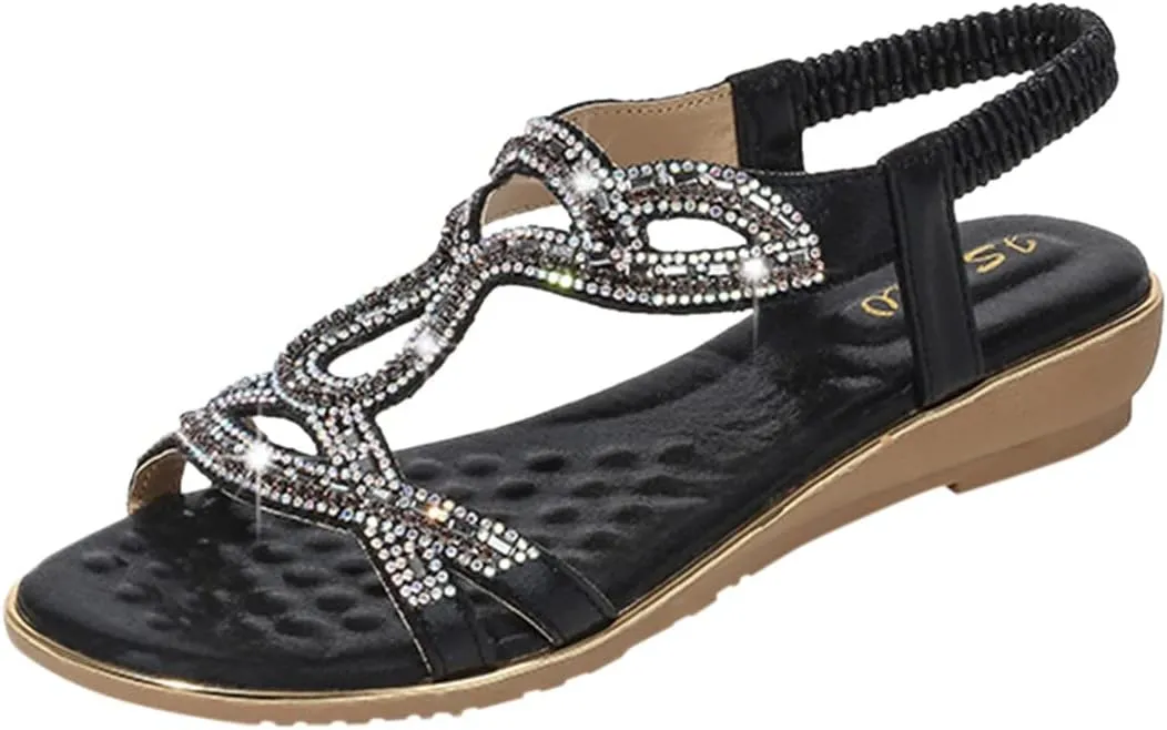Eduavar Orthopedic Sandals for Women, Womens Sandals Dressy Bohemia Crystal Open Toe Low Wedge Sandals Breathable Sandals