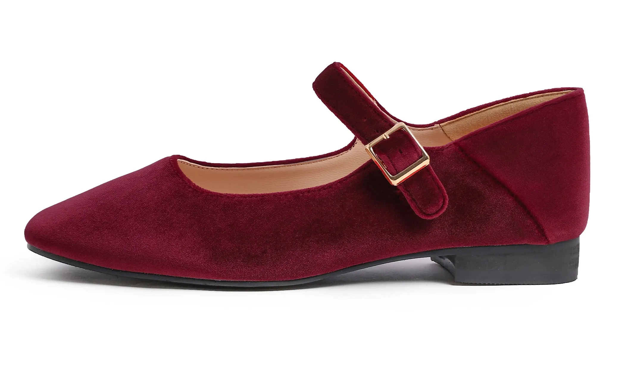 Feversole Women's Mary Jane Fashion Square Toe Easy Buckle Low Heel Slip On Flats Velvet