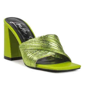 Green Crinkled High Heeled Block Sandals