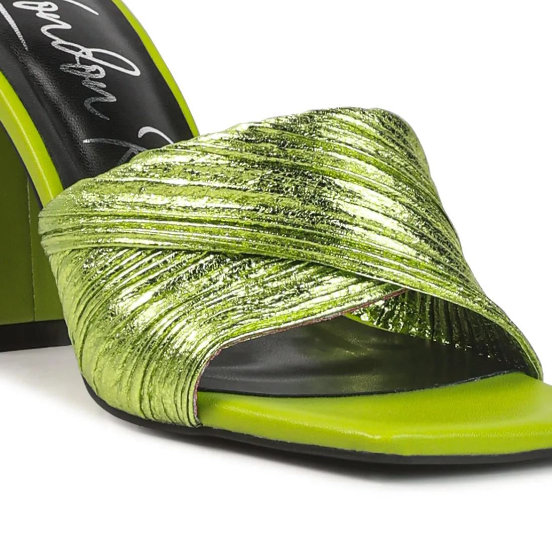 Green Crinkled High Heeled Block Sandals