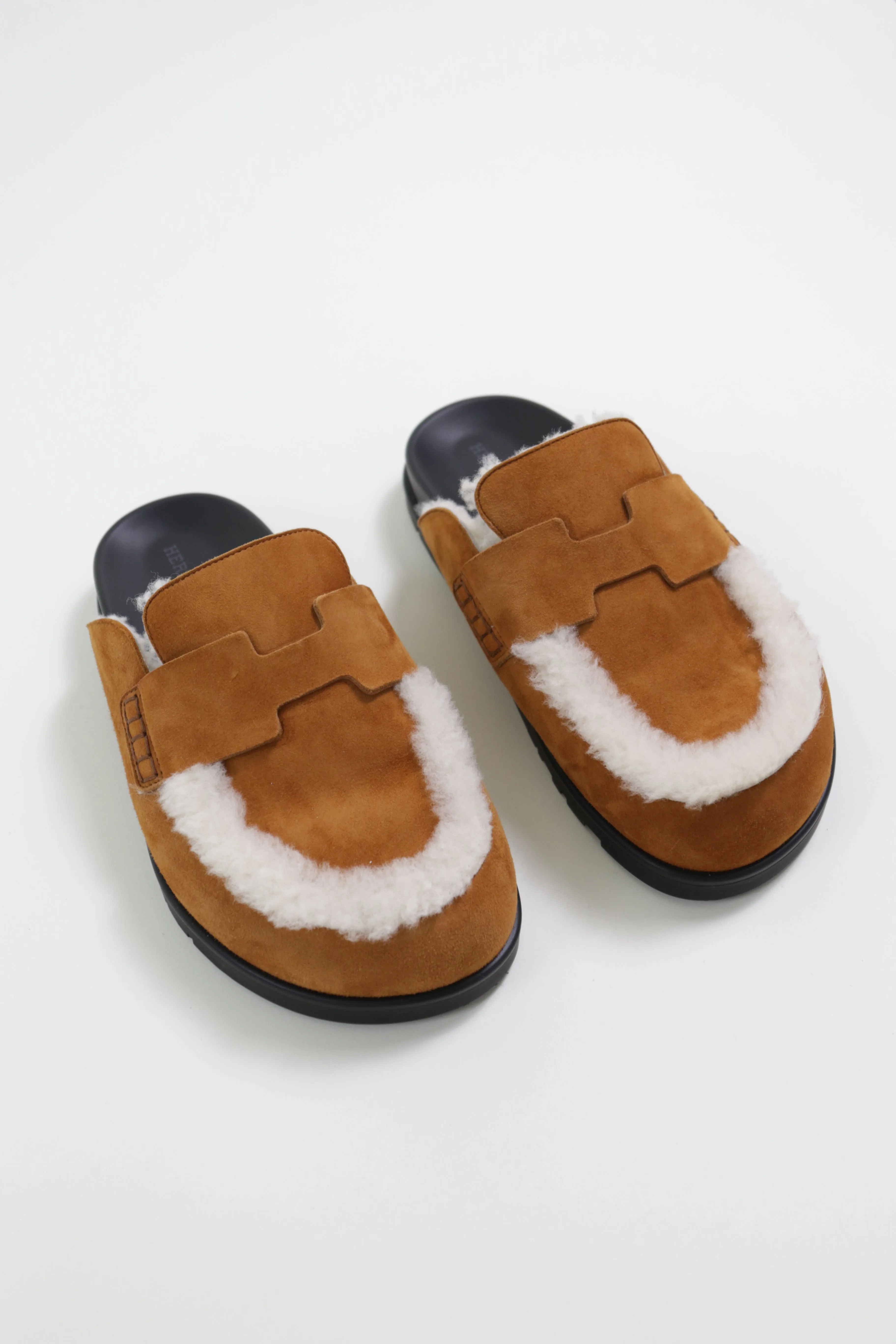 Hermès Natural Shearling Suede Ecru Go Mules