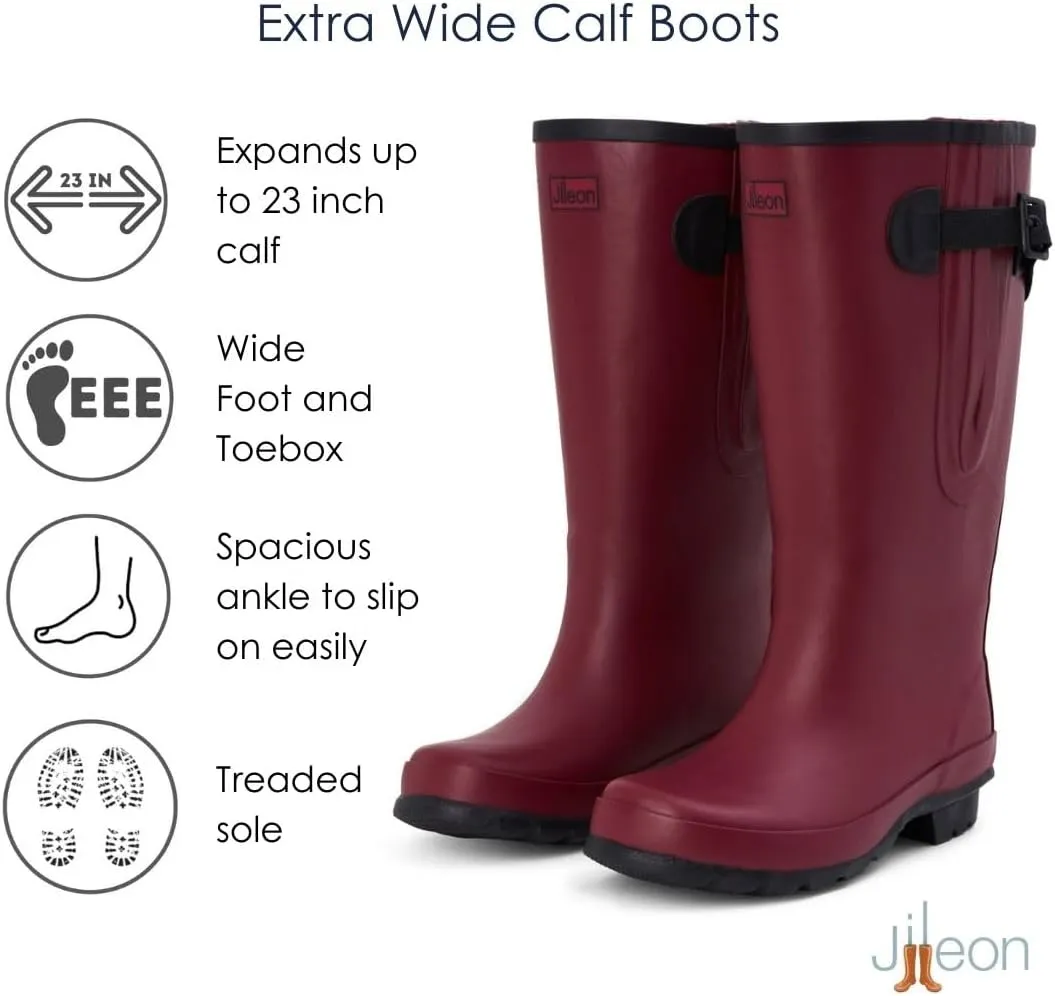 Jileon Extra Wide Calf Rain Boots - Ideal for Wide Feet, Ankles & Calves - Fit 16 to 23 Calves - Durable & Waterproof