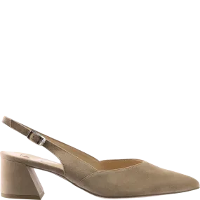 Laura  Pointed Block Heel Sling Back Shoe Suede Taupe