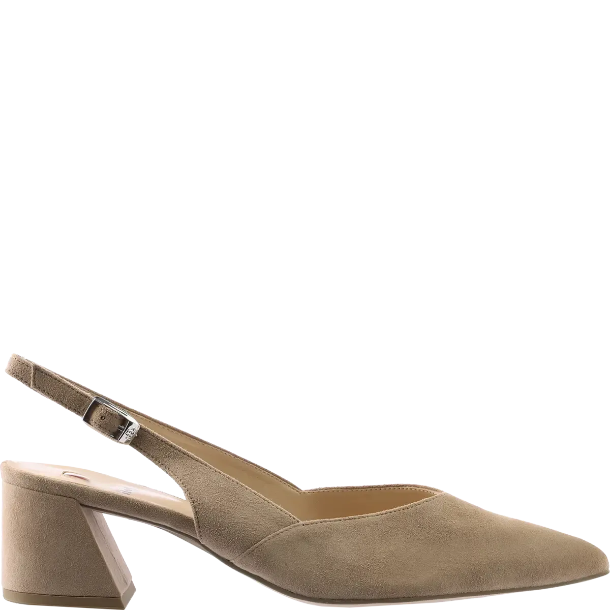Laura  Pointed Block Heel Sling Back Shoe Suede Taupe