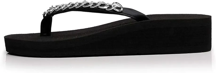 MIOKE Metallic Wedge Flipflops For Womens Trendy Summer High Heel Platform Nonslip Beach Thong Sandals