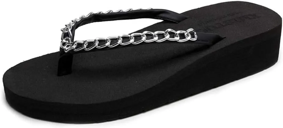 MIOKE Metallic Wedge Flipflops For Womens Trendy Summer High Heel Platform Nonslip Beach Thong Sandals