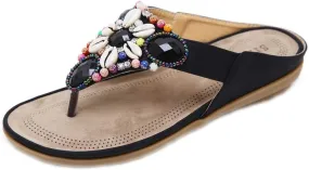 MIOKE Women's Bohemia Beaded Flat Sandals T-strap Summer Slip On Comfort Beach Flipflops Thong Slippers