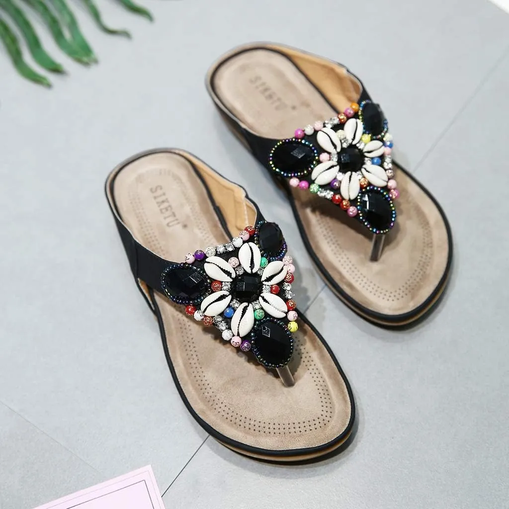 MIOKE Women's Bohemia Beaded Flat Sandals T-strap Summer Slip On Comfort Beach Flipflops Thong Slippers