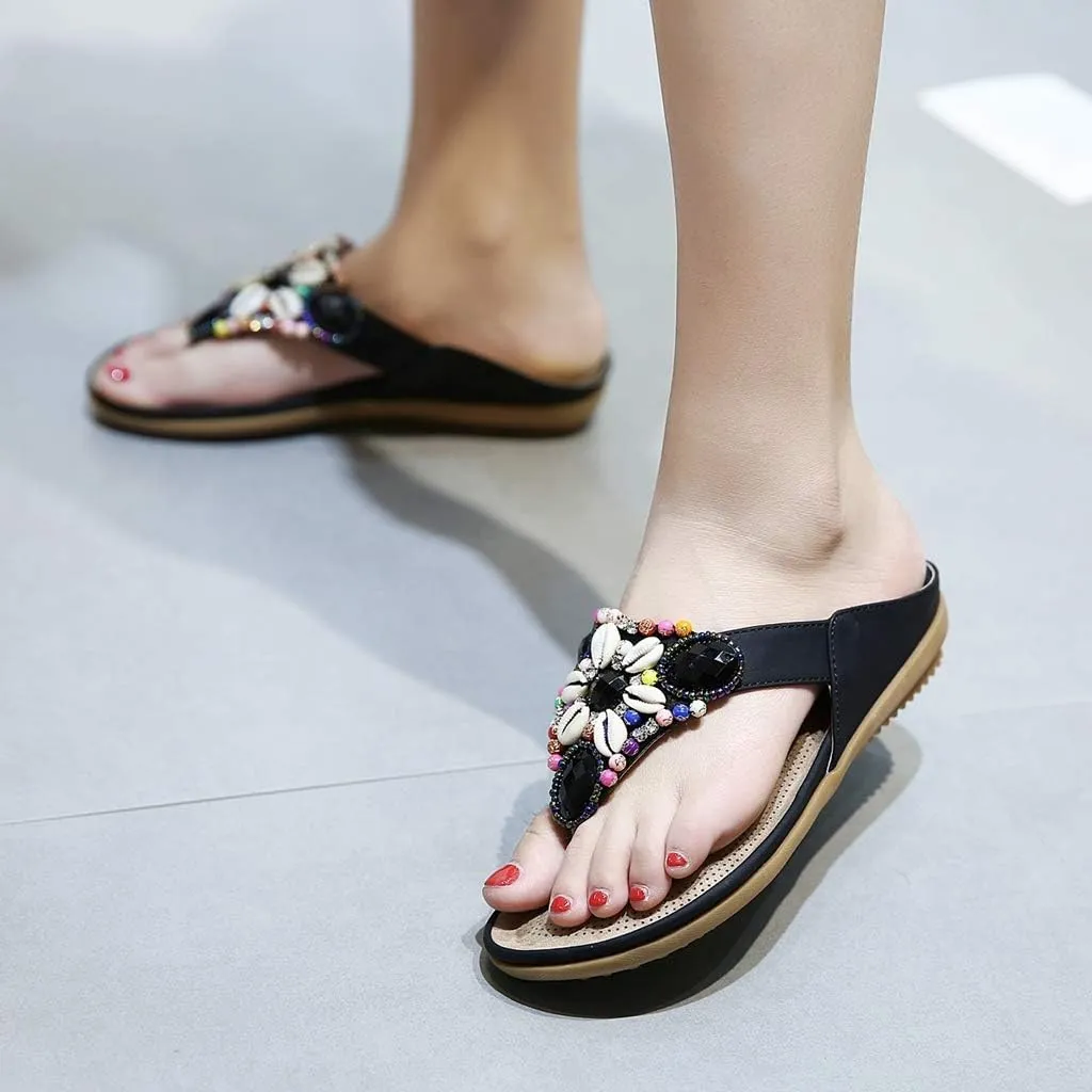 MIOKE Women's Bohemia Beaded Flat Sandals T-strap Summer Slip On Comfort Beach Flipflops Thong Slippers