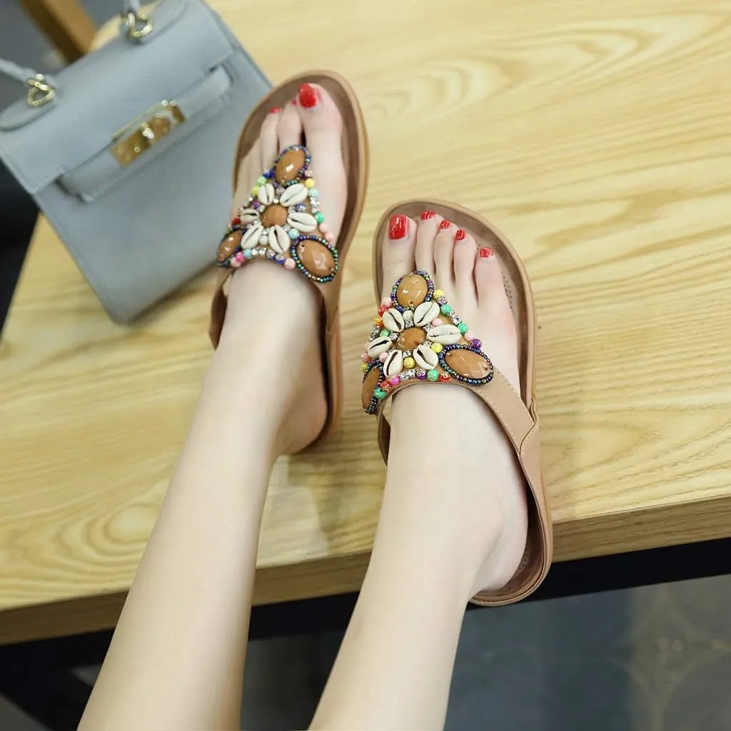 MIOKE Women's Bohemia Beaded Flat Sandals T-strap Summer Slip On Comfort Beach Flipflops Thong Slippers