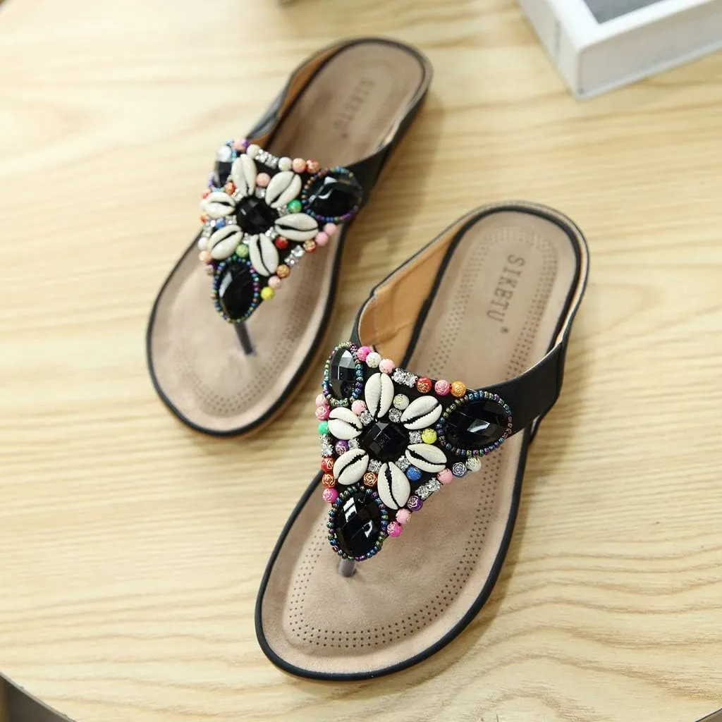 MIOKE Women's Bohemia Beaded Flat Sandals T-strap Summer Slip On Comfort Beach Flipflops Thong Slippers
