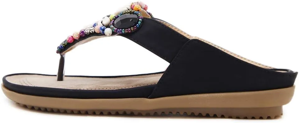 MIOKE Women's Bohemia Beaded Flat Sandals T-strap Summer Slip On Comfort Beach Flipflops Thong Slippers