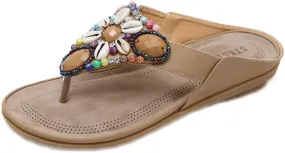 MIOKE Women's Bohemia Beaded Flat Sandals T-strap Summer Slip On Comfort Beach Flipflops Thong Slippers