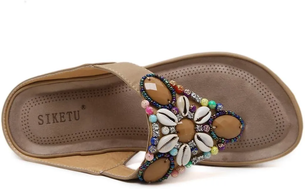 MIOKE Women's Bohemia Beaded Flat Sandals T-strap Summer Slip On Comfort Beach Flipflops Thong Slippers
