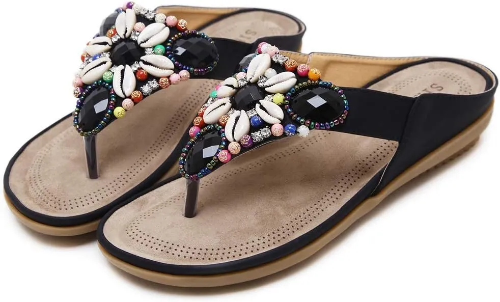 MIOKE Women's Bohemia Beaded Flat Sandals T-strap Summer Slip On Comfort Beach Flipflops Thong Slippers