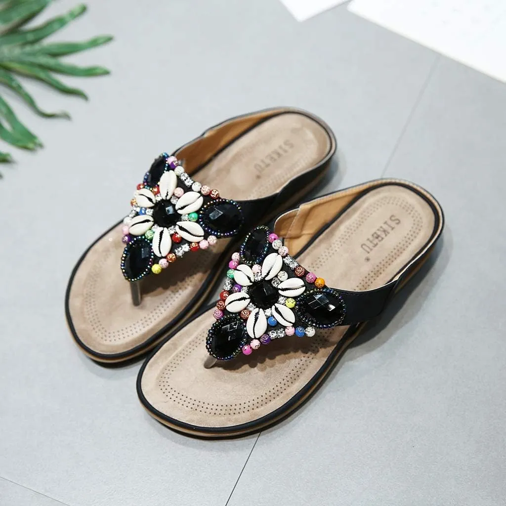 MIOKE Women's Bohemia Beaded Flat Sandals T-strap Summer Slip On Comfort Beach Flipflops Thong Slippers