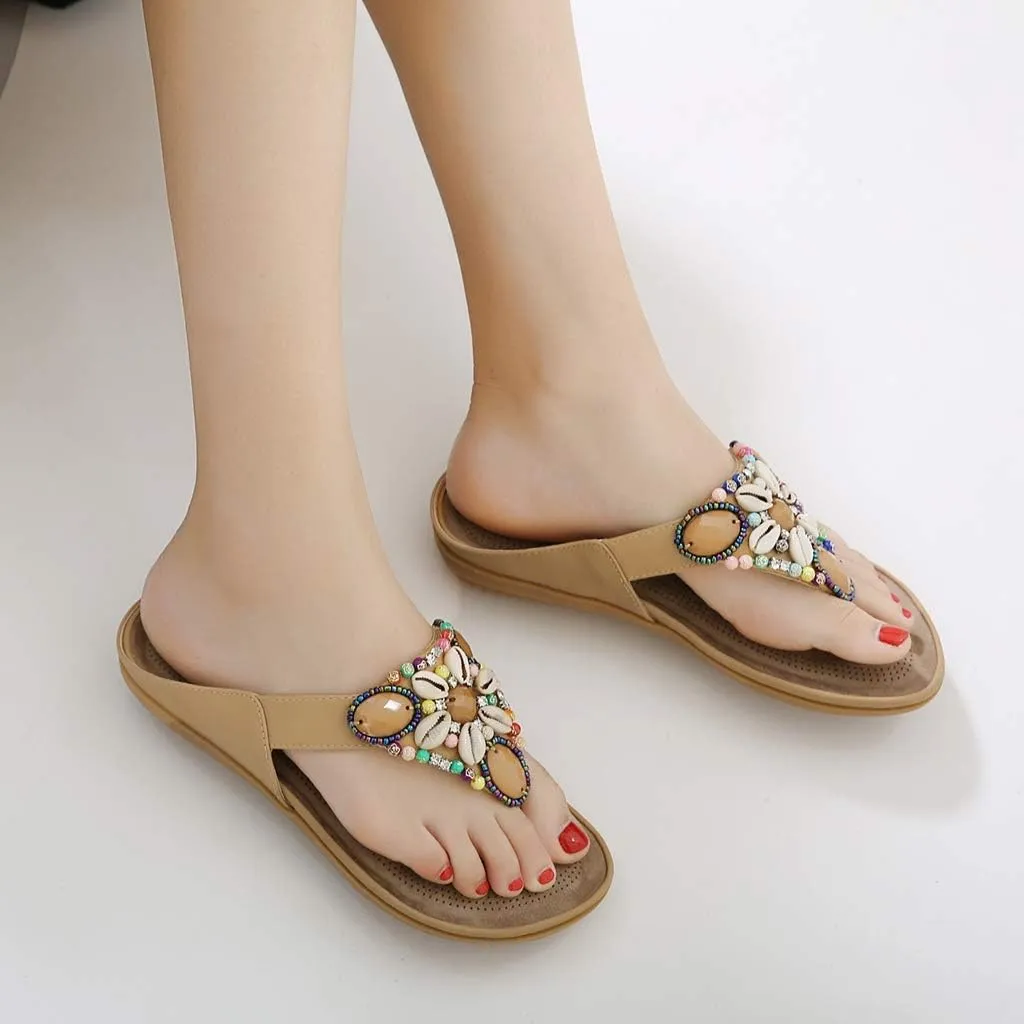 MIOKE Women's Bohemia Beaded Flat Sandals T-strap Summer Slip On Comfort Beach Flipflops Thong Slippers