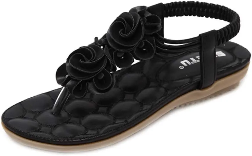 MIOKE Women's Bohemia Flower Flat Sandals T-strap Summer Beach Elastic Slingback Flip Flops Thong Shoes