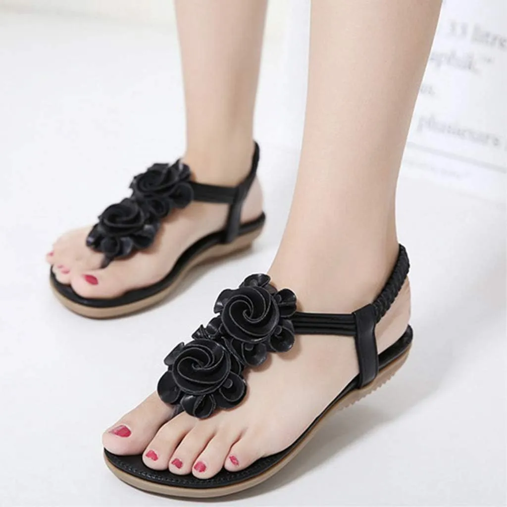 MIOKE Women's Bohemia Flower Flat Sandals T-strap Summer Beach Elastic Slingback Flip Flops Thong Shoes