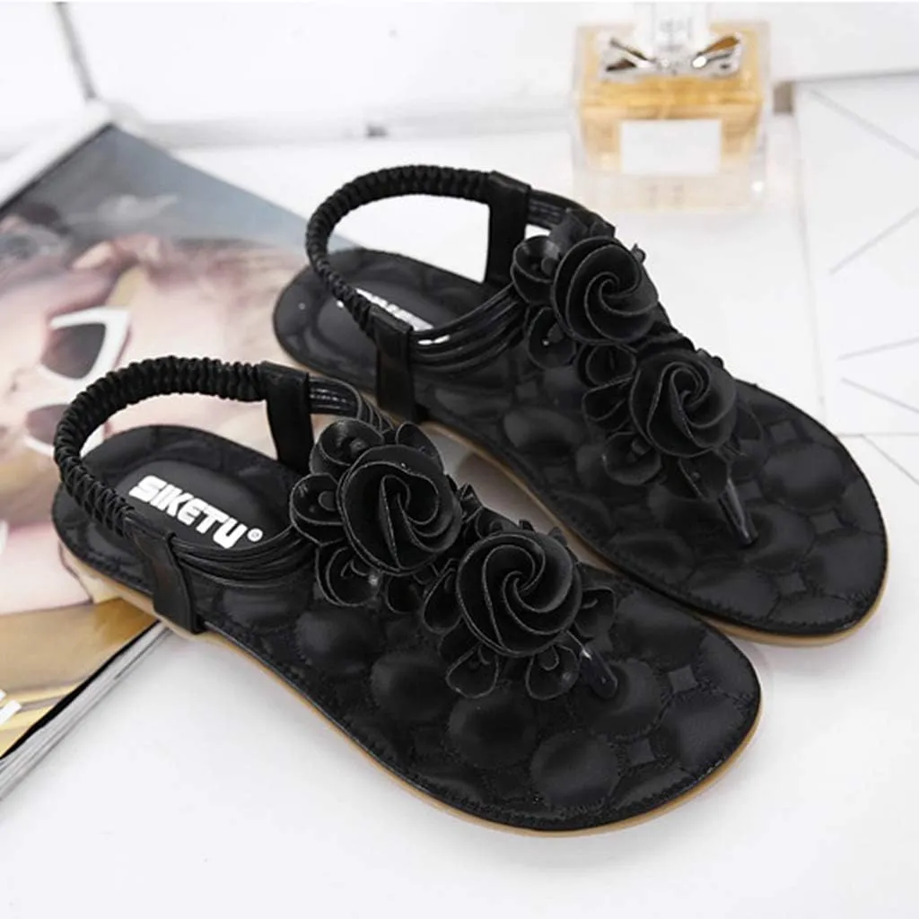 MIOKE Women's Bohemia Flower Flat Sandals T-strap Summer Beach Elastic Slingback Flip Flops Thong Shoes