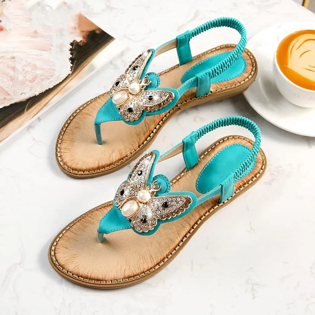 MIOKE Women's Boho Bling Jeweled Flat Sandals T-strap Summer Beach Slingback Retro Flipflops Thong Sandal