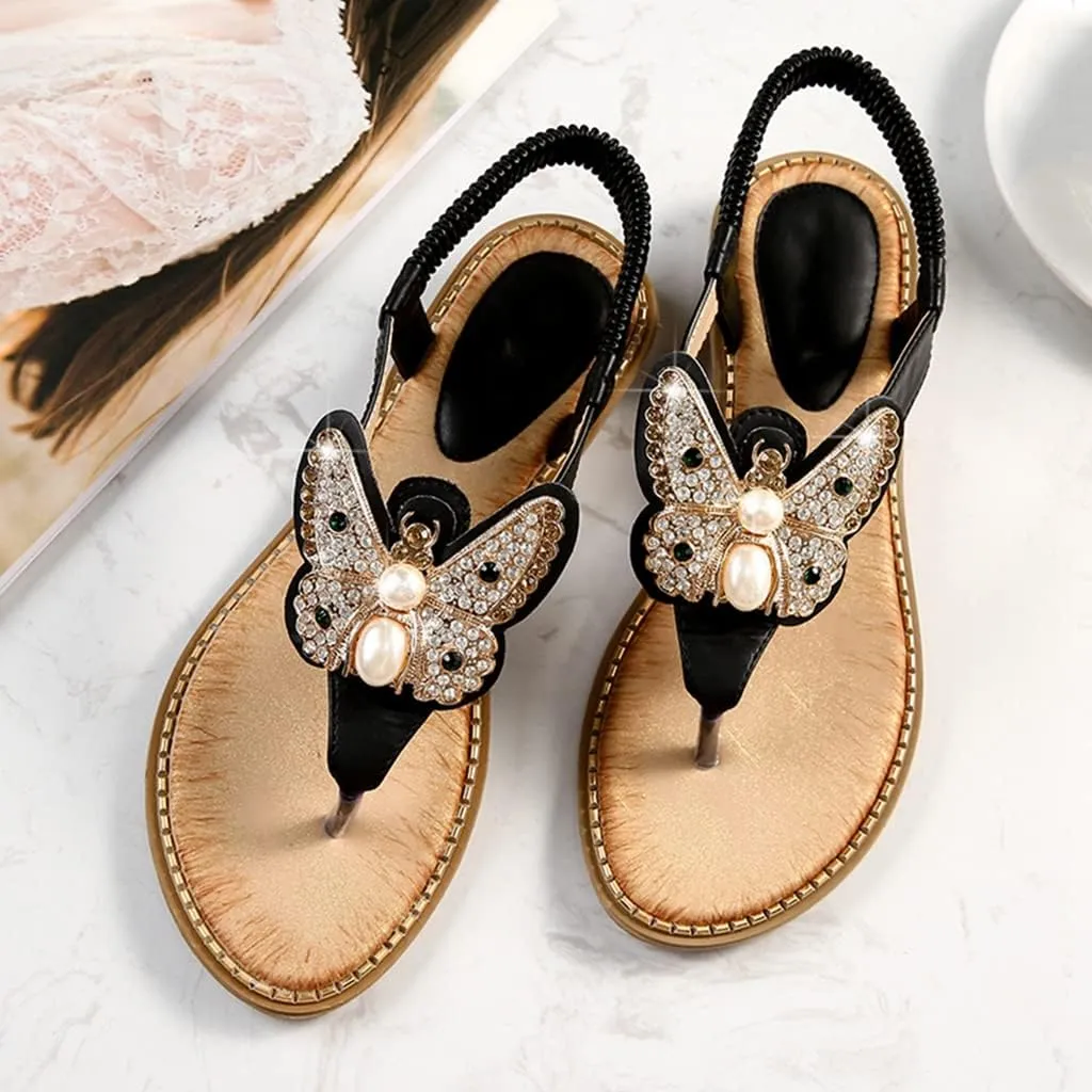 MIOKE Women's Boho Bling Jeweled Flat Sandals T-strap Summer Beach Slingback Retro Flipflops Thong Sandal