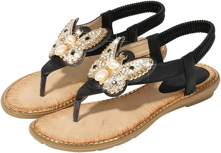 MIOKE Women's Boho Bling Jeweled Flat Sandals T-strap Summer Beach Slingback Retro Flipflops Thong Sandal