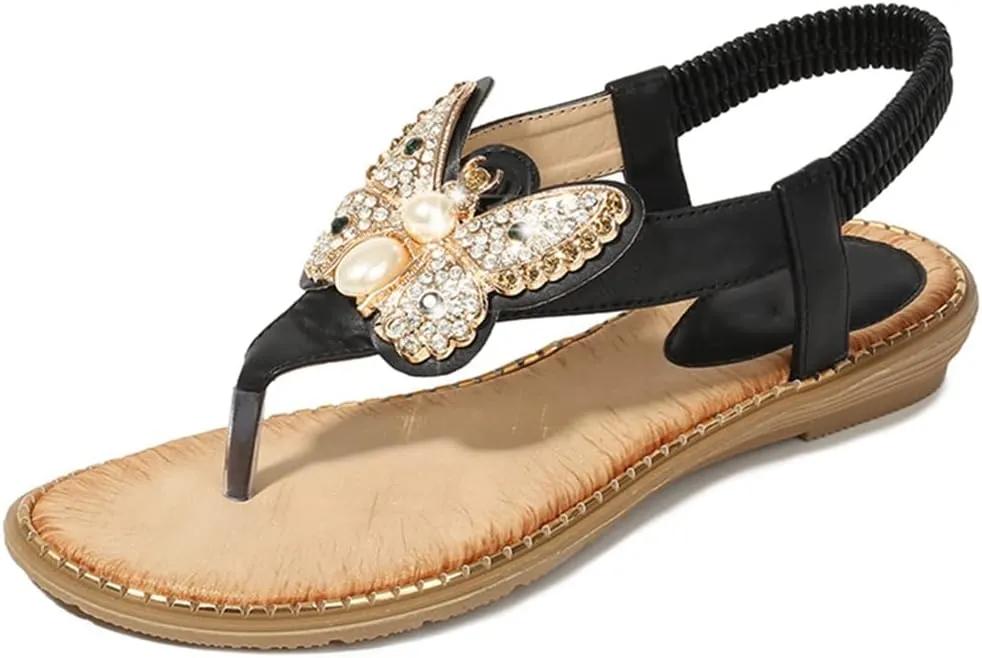 MIOKE Women's Boho Bling Jeweled Flat Sandals T-strap Summer Beach Slingback Retro Flipflops Thong Sandal