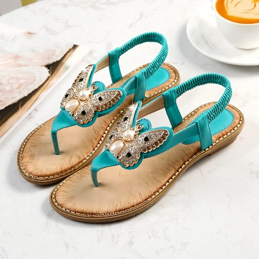 MIOKE Women's Boho Bling Jeweled Flat Sandals T-strap Summer Beach Slingback Retro Flipflops Thong Sandal